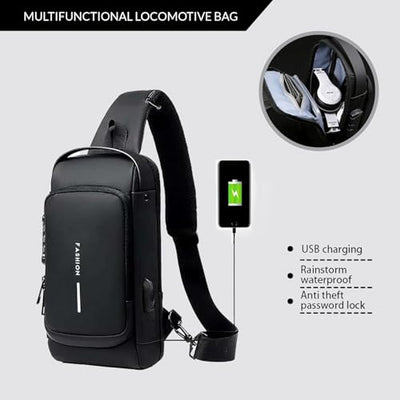 Crossbody Sling Bag – Waterproof Leather Chest Shoulder Backpack for Men & Women, Casual Travel Daypack with USB Charging Port, Design for Hiking & Everyday Use(Black)