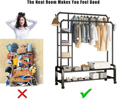 Garment Rack with Wheels, Double Rod Clothing Rack, Free-Standing Closet Organizer with Storage Shelves, Heavy-Duty Clothes Hanging Rack with Lockable Wheels for Bedroom, Entryway, and Office (Black)