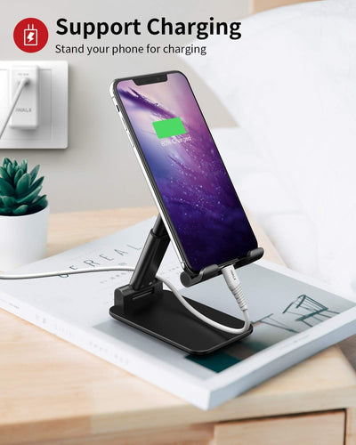 Foldable Cell Phone Stand for Desk – Portable Mobile Phone Holder for 3.5" - 7.9" Devices | Adjustable & Rotatable Stand for iPhone, iPad, Tablets, and Smartphones (Black)
