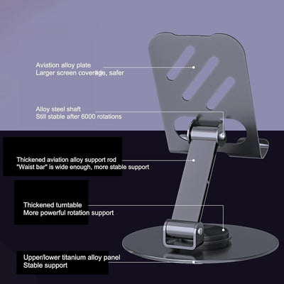 Elite 360 Adjustable Tablet and Cell Phone Stand Holder – Foldable, Portable & Multi-Angle | 360° Rotation, Non-Slip Metal Base | Desk Stand for iPhone, iPad, Tablets & Smartphones (Matte Black)