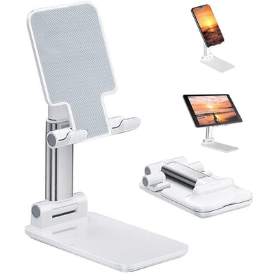 Foldable Cell Phone Stand for Desk – Portable Mobile Phone Holder for 3.5" - 7.9" Devices | Adjustable & Rotatable Stand for iPhone, iPad, Tablets, and Smartphones (White)