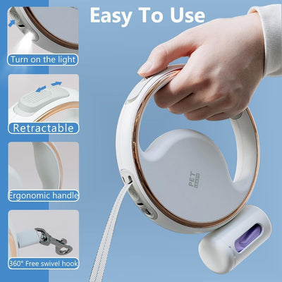 10ft LED Retractable Dog Leash, 360° Tangle-Free, with Hands-Free Option, Poop Bag Holder, and Anti-Slip Handle. Suitable for Dogs up to 110lbs (White)