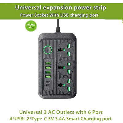 Power Strip Extension Cord with 3 Outlets, 4 USB & 2 Type-C Ports – Universal Charging Socket with 2M Bold Extension Cable & Power Extension Cable for Home, Office & More