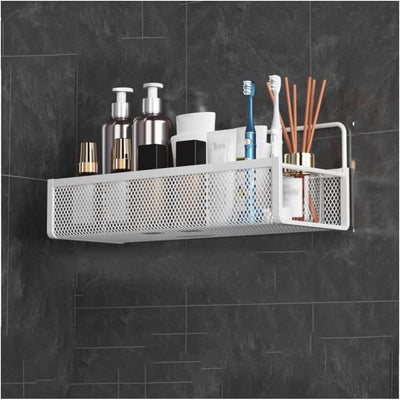 1PC Wall-Mounted Bathroom Shelf – White Iron Art Organizer, Large Capacity Adhesive Storage Rack for Shower Supplies & Cosmetics, Stainless Steel Bathroom and Kitchen Hanging Basket