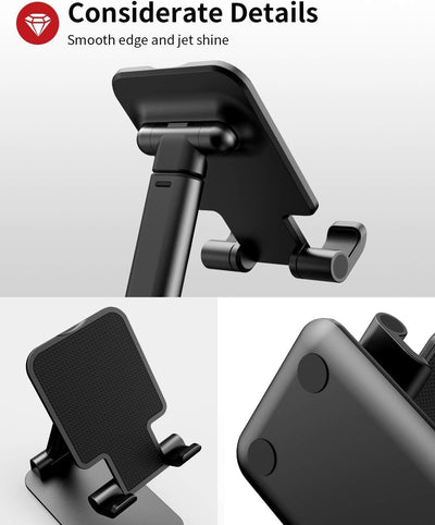 Foldable Cell Phone Stand for Desk – Portable Mobile Phone Holder for 3.5" - 7.9" Devices | Adjustable & Rotatable Stand for iPhone, iPad, Tablets, and Smartphones (Black)