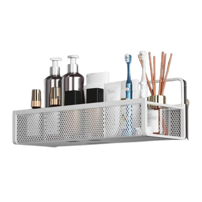 1PC Wall-Mounted Bathroom Shelf – White Iron Art Organizer, Large Capacity Adhesive Storage Rack for Shower Supplies & Cosmetics, Stainless Steel Bathroom and Kitchen Hanging Basket