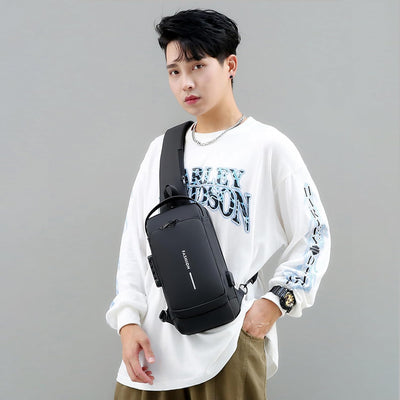 Crossbody Sling Bag – Waterproof Leather Chest Shoulder Backpack for Men & Women, Casual Travel Daypack with USB Charging Port, Design for Hiking & Everyday Use(Black)