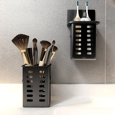 1pc Wall-Mounted Toothbrush and Toothpaste Holder, Strong Adhesive Bathroom Storage Rack, Multifunctional Toothbrush Organizer for Bathroom, Easy Installation, Free Punching, White/Black - Toothbrush