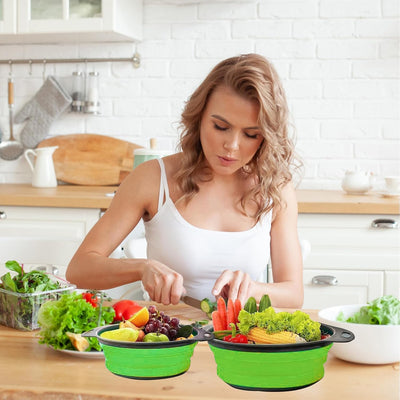 Collapsible Silicone Colander Set | Space-Saving Fruit & Pasta Strainer | Easy to Clean | 2 Sizes (8” & 9.5”) | Foldable Kitchen Basket for Rinsing & Draining (Green)