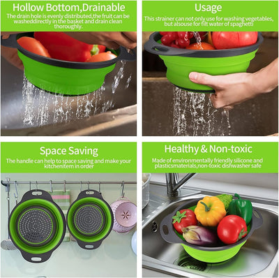 Collapsible Silicone Colander Set | Space-Saving Fruit & Pasta Strainer | Easy to Clean | 2 Sizes (8” & 9.5”) | Foldable Kitchen Basket for Rinsing & Draining (Green)