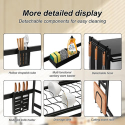 2-Tier Over-the-Sink Dish Drying Rack - Large Black Same Dish Rack with Cutting Board Holder & Utensil Organizer - Space-Saving Kitchen Counter Storage(Black)