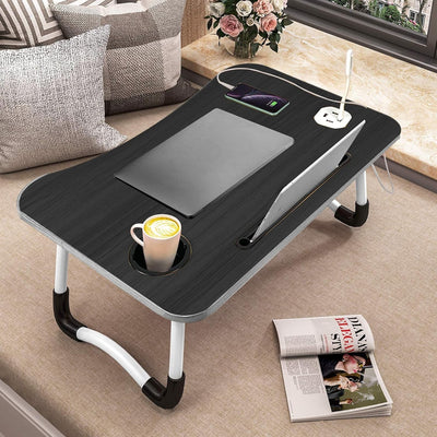 Portable Folding Laptop Desk with 4 USB Ports &Cup Holder, Adjustable Lap Tray for Bed, Non-Slip Legs, Foldable Notebook Stand, Reading Table for Work, Study, Camping - 60x40x28cm, Black